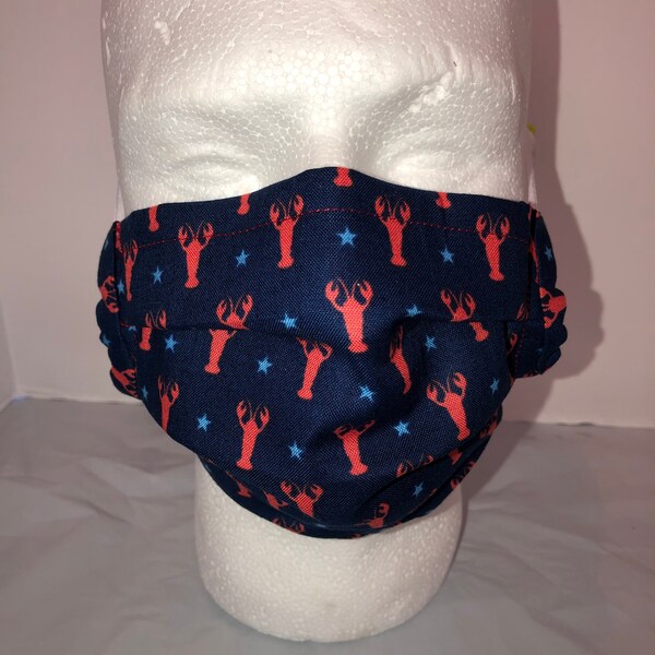 Handmade Face Mask with Filter Pocket and Wire Nose Piece Adult Size  Lobsters on Blue  FMP0256