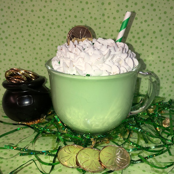 Clear Glass Mug with Faux Green Hot Cocoa  Irish  Coffee Cappuccino with Whipped Topping Gold Coin  Fake Food St Patrick's Day Theme  F0014