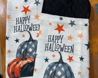 Halloween Pumpkin Potholder Towel Set: Oven Door Hanging, Black (2-Pack)