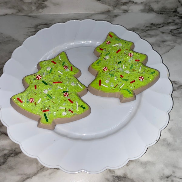 Fake Food Tier Display 2-piece LARGE Green Frosted Christmas Tree Cookies with Peppermint Sprinkles F0998 Fake Food Tier Display