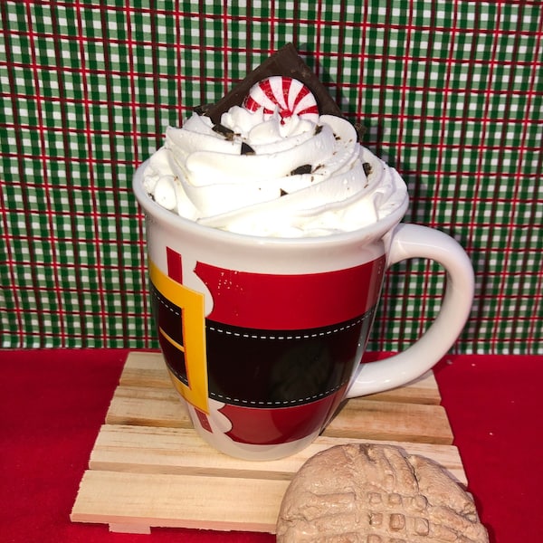 Christmas Santa Coffee Mug Hot Cocoa Whipped Cream Chocolate Bark Peppermint FAKE FOOD F0249