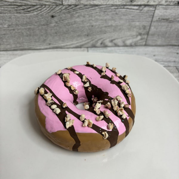 One Fake White DONUT 3.5 in   PINK Icing w NUTS Sprinkles  and Chocolate Drizzle Tier Display Food Photo Prop  F1151