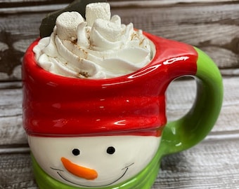 Faux Christmas Theme SNOW MAN Glass Coffee Mug with Whipped Cream Hot Cocoa Marshmallows and Chocolate Bark  F0497