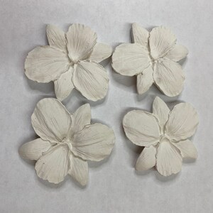 May include: Four off-white, textured flower-shaped decorative pieces. Each flower has multiple petals and a detailed center. The pieces are arranged in a square pattern against a light background. These could be used for craft projects or home decor.