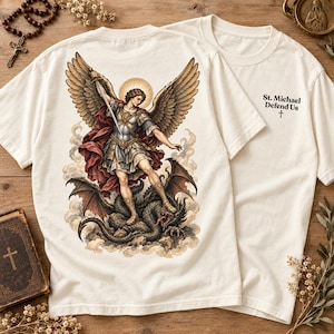 Ärkeängelns Sankt Mikael T-shirt, Vintagetryck med drakebesegerning, Faith T-shirt (plaggfärgad)