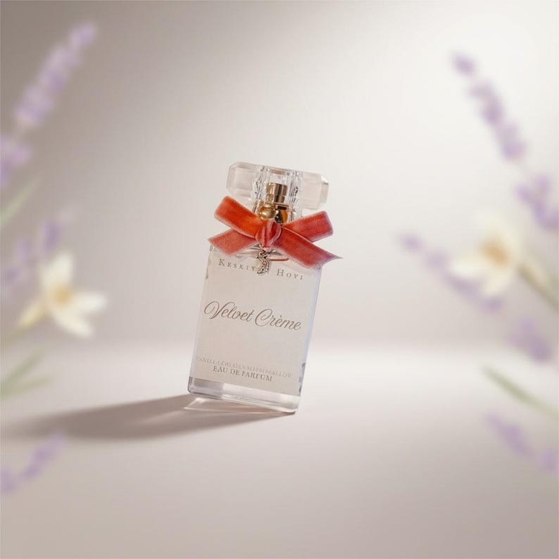 Puede incluir: Un frasco de perfume rectangular con una tapa transparente facetada y un atomizador dorado. El frasco est&aacute; adornado con una cinta de terciopelo rojo y presenta el texto "Velvet Cr&egrave;me". El fondo incluye lavanda y flores blancas borrosas.