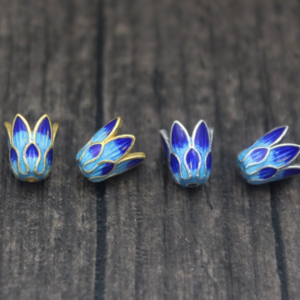 2PCS-7MM Sterling Silver Flower Bead Caps,Silver Tassel Bead Caps,Gold Plated,Blue Cloisonne Bead Caps,Cone Bead Caps for TOP DRILLED Beads