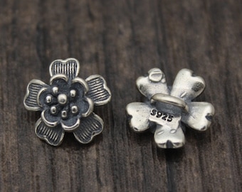 2 Sterling Silver Flower Buttons,12mm Silver Button Clasps for Leather Wrap Bracelet