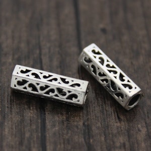 2 Sterling Silver Flower Tube Beads,Silver Barrel Beads,Silver Spacer Beads,Hollow Beads