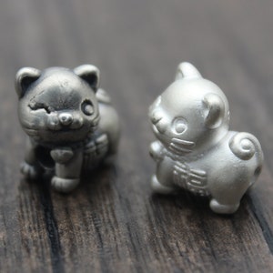 1PC Sterling Silver Good Fortune Cat Bead,Lucky Cat Bead,Chinese Lucky Cat Spacer Bead