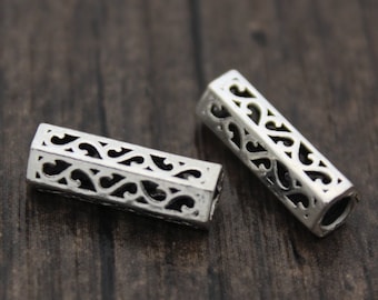 2 Sterling Silver Flower Tube Beads,Silver Barrel Beads,Silver Spacer Beads,Hollow Beads