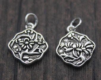 1PC Sterling Silver Daisy Flower Charm,Silver Plum Flower Charm,Double Sided,Silver Flower Charm for Bracelet and Necklace