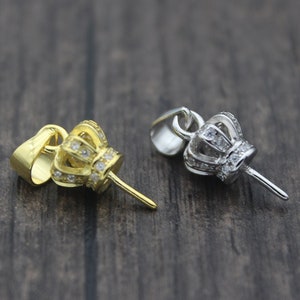 1PC Sterling Silver Crown Cap with Peg,Crown Peg Bail with CZs for Top Drilled Beads,for Half Drilled Pearls and Beads