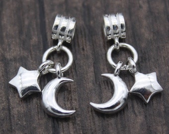 2 Sterling Silver Star and Moon Charms,Bright Silver Star and Moon Charms,Silver Moon Charms,Silver Star Charms,Bracelet and Necklace Charms