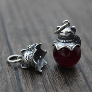 1PC Sterling Silver Lucky Cat Bead Cap with Peg for Top Drilled Beads,for Half Drilled Pearls and Beads,Peg Bead Cap,Charm Pendant Holder