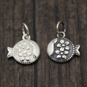 1PC Sterling Silver Fish Charm,Double Sided,Silver Flower Fish Charm,Fish Jewelry