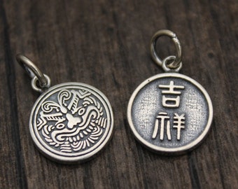 2 Sterling Silver Chinese Dragon Charms,Silver Dragon Head Charms,Chinese Auspicious Charms,Good Fortune Charms,Round Tags