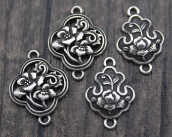 2 Sterling Silver Flower Connectors,Silver Floral Links,Silver Connector Charms for Earrings for Bracelet and Necklace