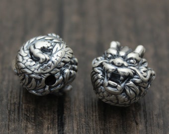 1PC-12.5mm Sterling Silver Dragon Bead,Sterling Silver Dragon Head Bead,Silver 3D Dragon Spacer Bead