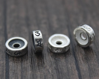 2 Sterling Silver Om Beads,8mm Sterling Silver Wheel Beads with Om Mani Padme Hum,Buddhism Spacer Beads,Beads Spacer