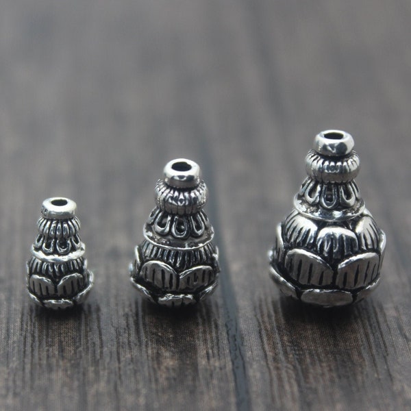 1PC Sterling Silver Lotus Guru Bead, 6mm/8mm/9mm Silver Lotus Flower Prayer Bead,Three Holes,Guru Set,for Mala Bracelet