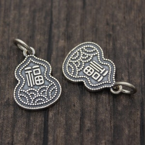 1PC Sterling Silver Gourd Charm,Silver Fu Charm,Good Fortune Charm,Happiness Charm,Double Sided