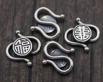 2 Sterling Silver Happiness S Clasps,Silver Double Happiness Hook Clasps,Silver Chinese Fu Clasp Connectors,Hook Clasps,S Clasps