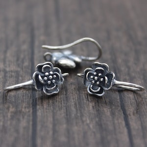 1 Pair Sterling Silver Flower Ear Wire,Silver Floral Earring Hook,Rose Flower Wire Hook,Flower Ear Hook with Loop,Earring Findings