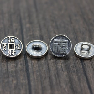 2 Sterling Silber Knöpfe, chinesisches Glück, Glück, wohlhabend, Silberknopfverschlüsse für Lederwickelarmband