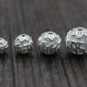 8mm/10mm/12mm/14mm Sterling Silver Bead with Tibetan Om Mantra,Buddhism Sterling Silver Spacer Bead,Bright Silver Beads Spacer