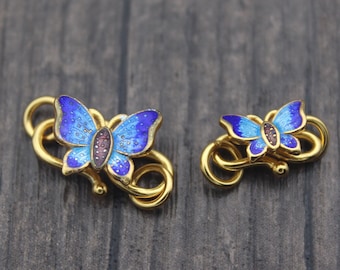 1PC Sterling Silver Butterfly Clasp,Gold Plated,Blue Enamel,Butterfly S Hook Clasp,Cloisonne Blue Clasp Connector,Necklace Bracelet Clasp