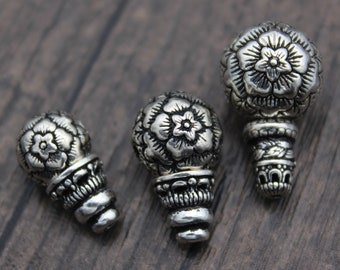 1PC Sterling Silver Guru Bead,9.5/11/13mm Sterling Silver Prayer Bead,Three Holes Prayer Bead,Flower Guru Bead