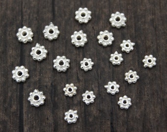 4mm 5mm Sterling Silver Daisy Beads, Bright Silver Daisy Spacer Beads, Daisy Spacers, Flat Round Spacer Beads, Silver Beads Spacers