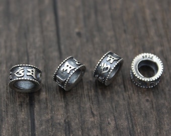 2 Sterling Silver Tibetan Om Mantra Beads,8x4mm Buddhism Spacer Beads,Silver Beads Spacers,4.5mm Large Hole