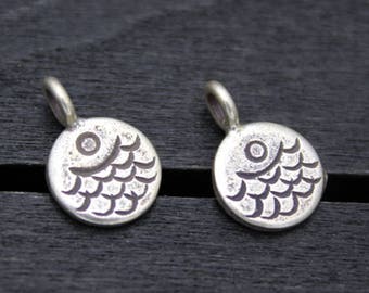 2 Karen Hill Tribe Sterling Silver Fish Charms,Silver Fish Charms,Silver Fish Round Tags