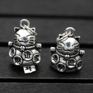 1PC Sterling Silver Lucky Cat Charm,Good Fortune Cat Charm,Cat Pendant,Cat Jewelry,Chinese Lucky Cat Charm