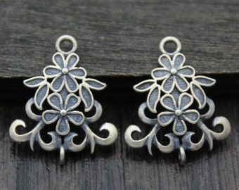 2 Sterling Silver Flower Connectors,Floral Links,Silver Flower Connector Charms for Bracelet and Necklace