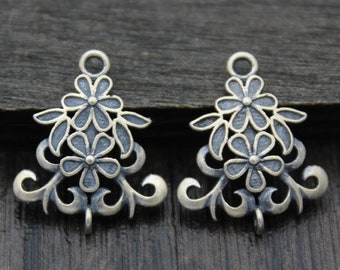 2 Sterling Silver Flower Connectors, Floral Links, Silver Connector Charms for Bracelet and Necklace