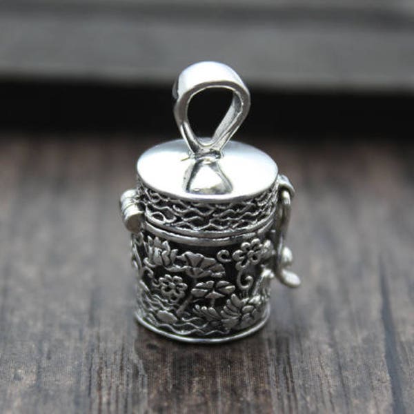 1PC Sterling Silver Lotus Flower Prayer Box,Sterling Silver Flower Locket Pendant,Silver Box Pendant,Wish Box,Memory Box