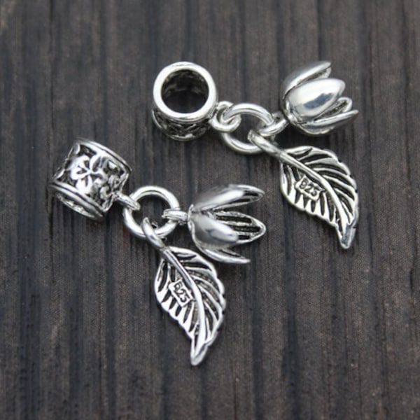 2 Sterling Silver Flower and Leaf Charms,Flower Dangle Charms,Flower Bail Charms,Flower Bail Tubes,Floral Tube Bails,Bail Connectors