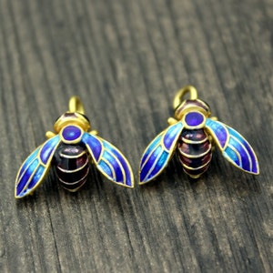 2 Sterling Silver Bee charms pendants with blue green enamel, Chinese Cloisonne, Bumble bee, Honey bee, Queen Bee Charm