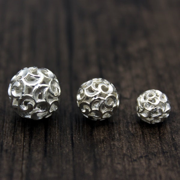 2 Sterling Silver Flower Beads,8mm/10mm/12mm for selection,Bright Silver Hollow Beads,Silver Flower Spacer Beads