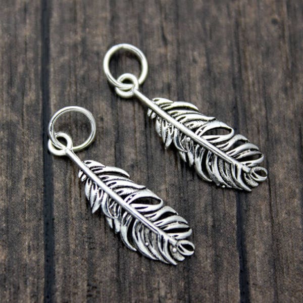 2PCS Sterling Silver Feather Charms with Jump Rings,Silver Feather Charms,Feather Pendants