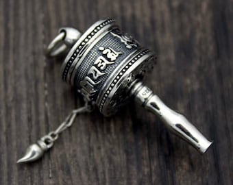 Sterling Silver Prayer Wheel Box with Tibetan Om Mantra,Sterling Silver Locket Pendant,Silver Box Pendant,Wish Box