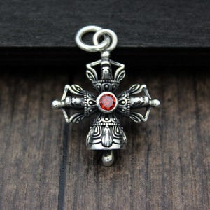 Sterling Silver Double Dorje Pendant, Buddhist Vajra Dorje Cross bell pendant charm,Dorje bell charm,Silver bell charm,jingle bell