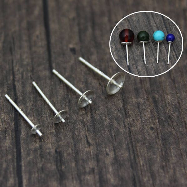 10 paires de poteaux de boucles d’oreilles en argent sterling avec cheville et tasse, 3mm 4mm 5mm 6mm Poteaux d’oreille en argent sterling pour perles ou perles à moitié percées