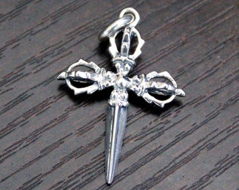 1PC Sterling Silver Phurba Dagger Pendant,Sterling Silver Tibetan Double Vajra Dorje Cross Pendant,Buddhist Cross Pendant