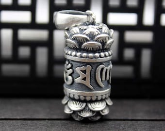 1 caja de oración de flor de loto de plata esterlina con mantra tibetano OM, caja de deseos, joyería de yoga