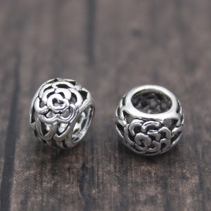 2 sterlingzilveren rooskralen, 8 x 5,5 mm holle rooskralen, zilveren roos bloem rondelle kralen, bloemkralen groot gat, bloem afstandhouders