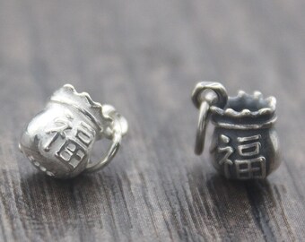 1PC Sterling Silver Money Bag Charm,Silver Happiness Fu Bag,Silver Fu Charm,Good Fortune Charm,Lucky Charm,New Year Bracelet Charm